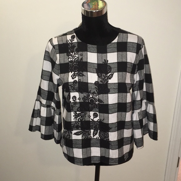 Kings Road Black/White Checked Embroidered Top NWT - Picture 2 of 9